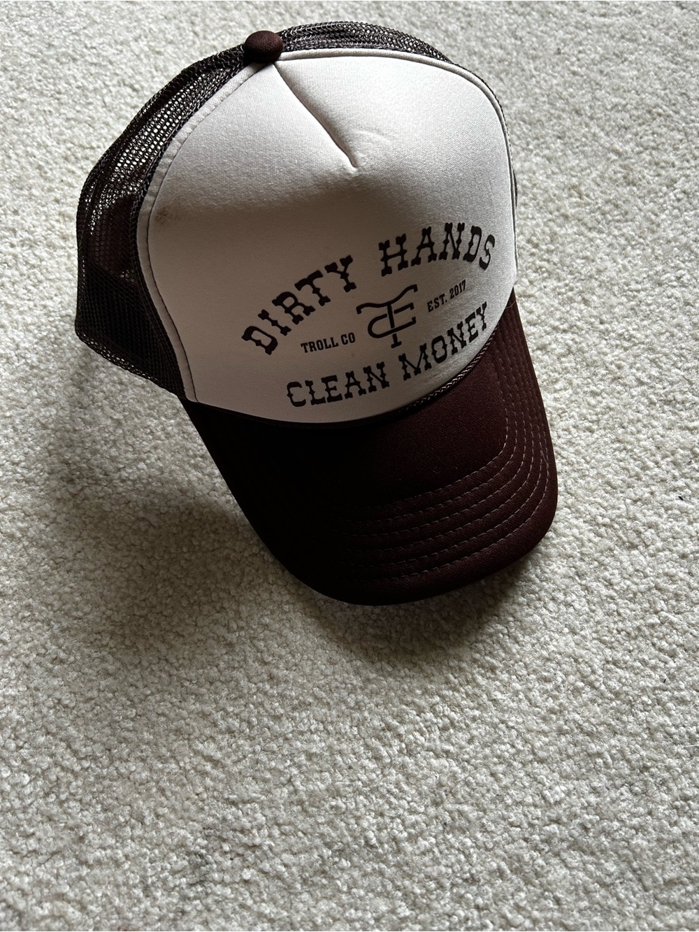 Dirty Hands Clean Money Brown and White Trucker Hat by